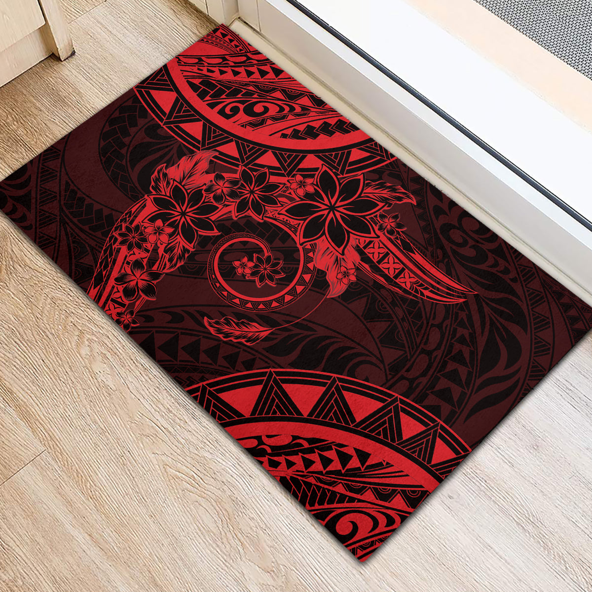 Polynesian Sunset Plumeria Rubber Doormat Red Polynesian Tattoo