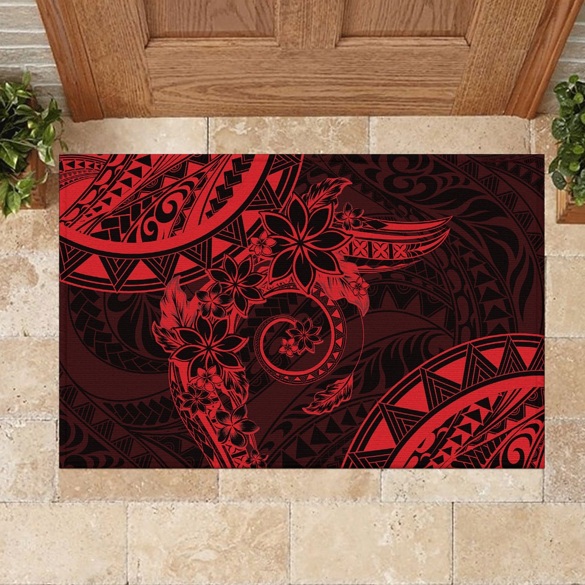 Polynesian Sunset Plumeria Rubber Doormat Red Polynesian Tattoo