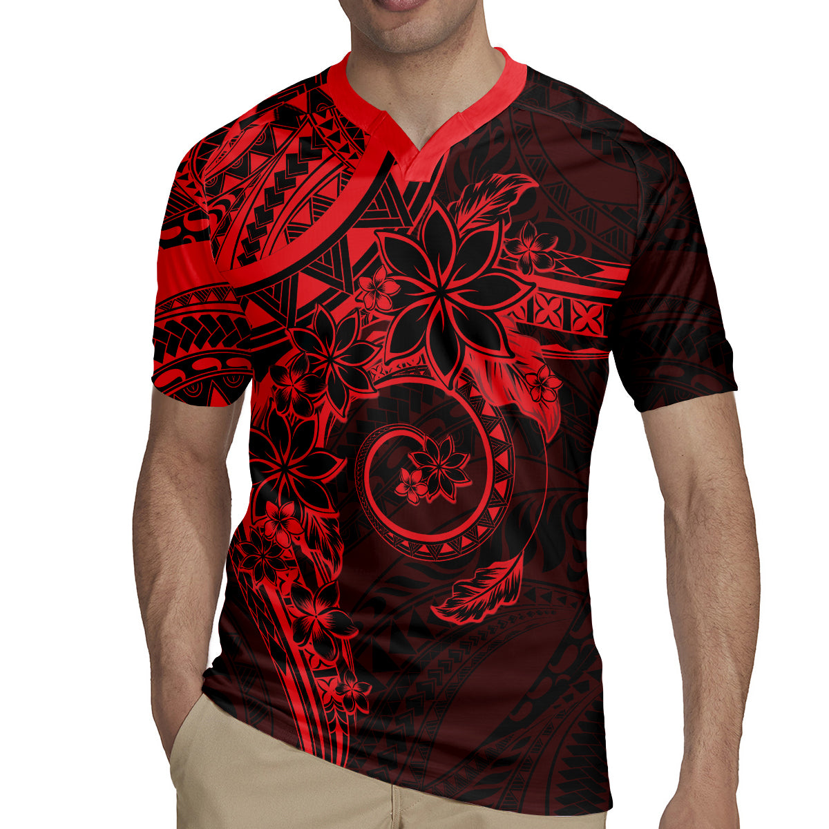 Polynesian Sunset Plumeria Rugby Jersey Red Polynesian Tattoo