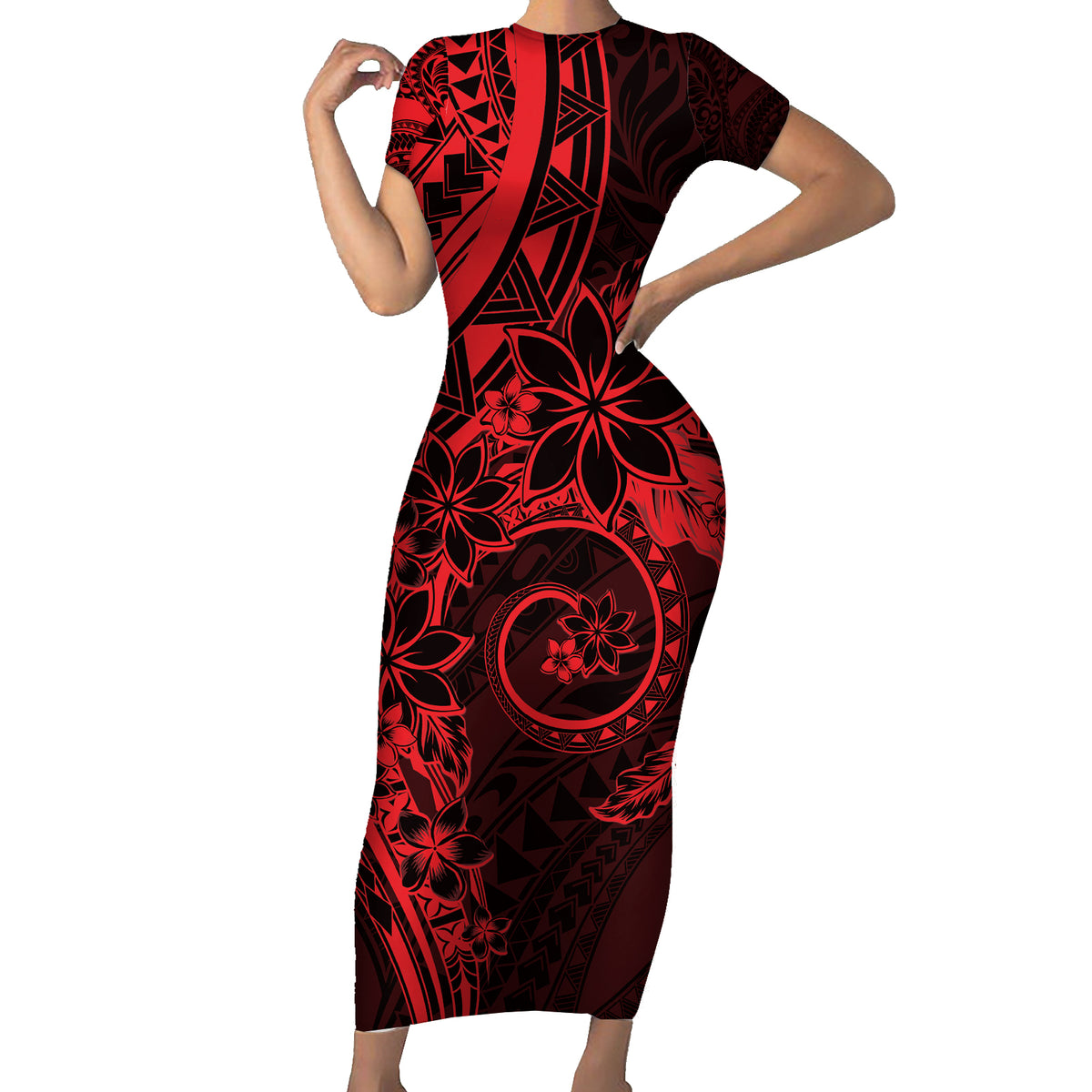 Polynesian Sunset Plumeria Short Sleeve Bodycon Dress Red Polynesian Tattoo LT05 Long Dress Red - Polynesian Pride