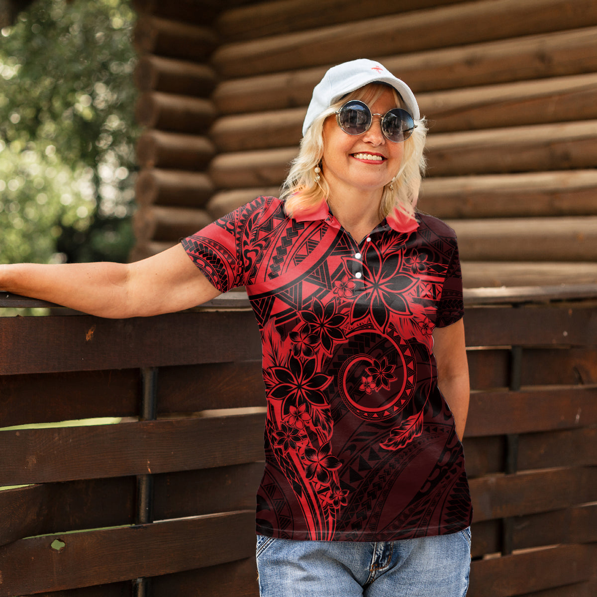 Polynesian Sunset Plumeria Women Polo Shirt Red Polynesian Tattoo