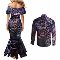 Polynesian Sunset Plumeria Couples Matching Mermaid Dress and Long Sleeve Button Shirt Galaxy Polynesian Tattoo LT05 - Polynesian Pride