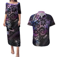 Polynesian Sunset Plumeria Couples Matching Puletasi and Hawaiian Shirt Galaxy Polynesian Tattoo