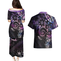 Polynesian Sunset Plumeria Couples Matching Puletasi and Hawaiian Shirt Galaxy Polynesian Tattoo