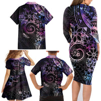Polynesian Sunset Plumeria Family Matching Long Sleeve Bodycon Dress and Hawaiian Shirt Galaxy Polynesian Tattoo
