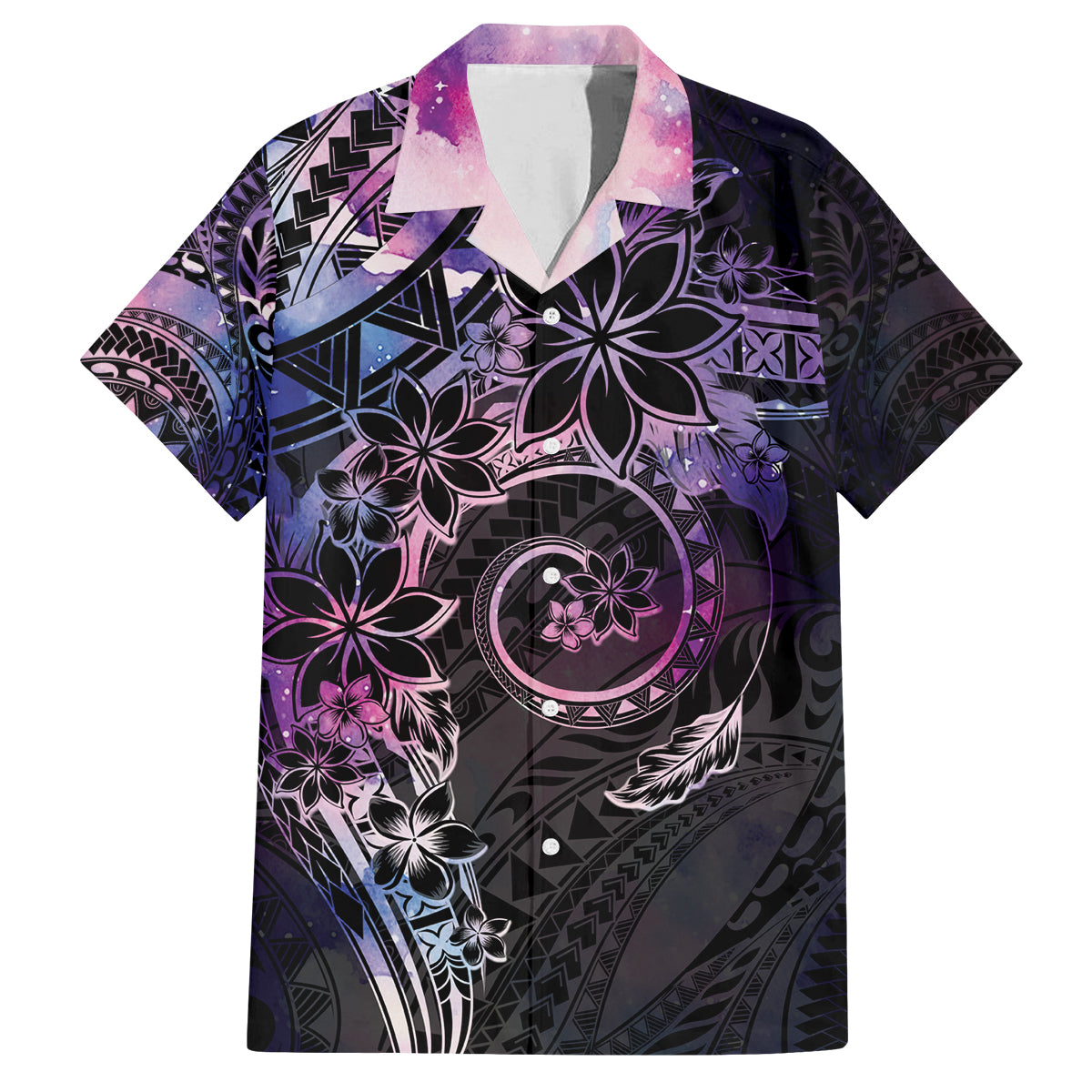 Polynesian Sunset Plumeria Family Matching Off The Shoulder Long Sleeve Dress and Hawaiian Shirt Galaxy Polynesian Tattoo LT05 Dad's Shirt - Short Sleeve Galaxy - Polynesian Pride