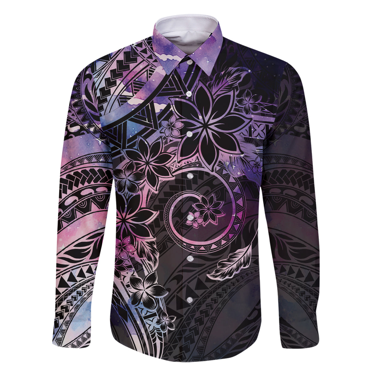 Polynesian Sunset Plumeria Family Matching Off The Shoulder Long Sleeve Dress and Hawaiian Shirt Galaxy Polynesian Tattoo LT05 Dad's Shirt - Long Sleeve Galaxy - Polynesian Pride