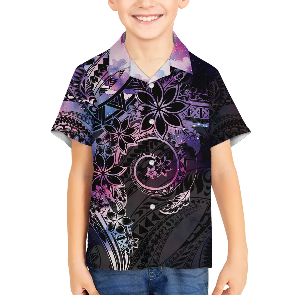 Polynesian Sunset Plumeria Family Matching Off The Shoulder Long Sleeve Dress and Hawaiian Shirt Galaxy Polynesian Tattoo LT05 Son's Shirt Galaxy - Polynesian Pride