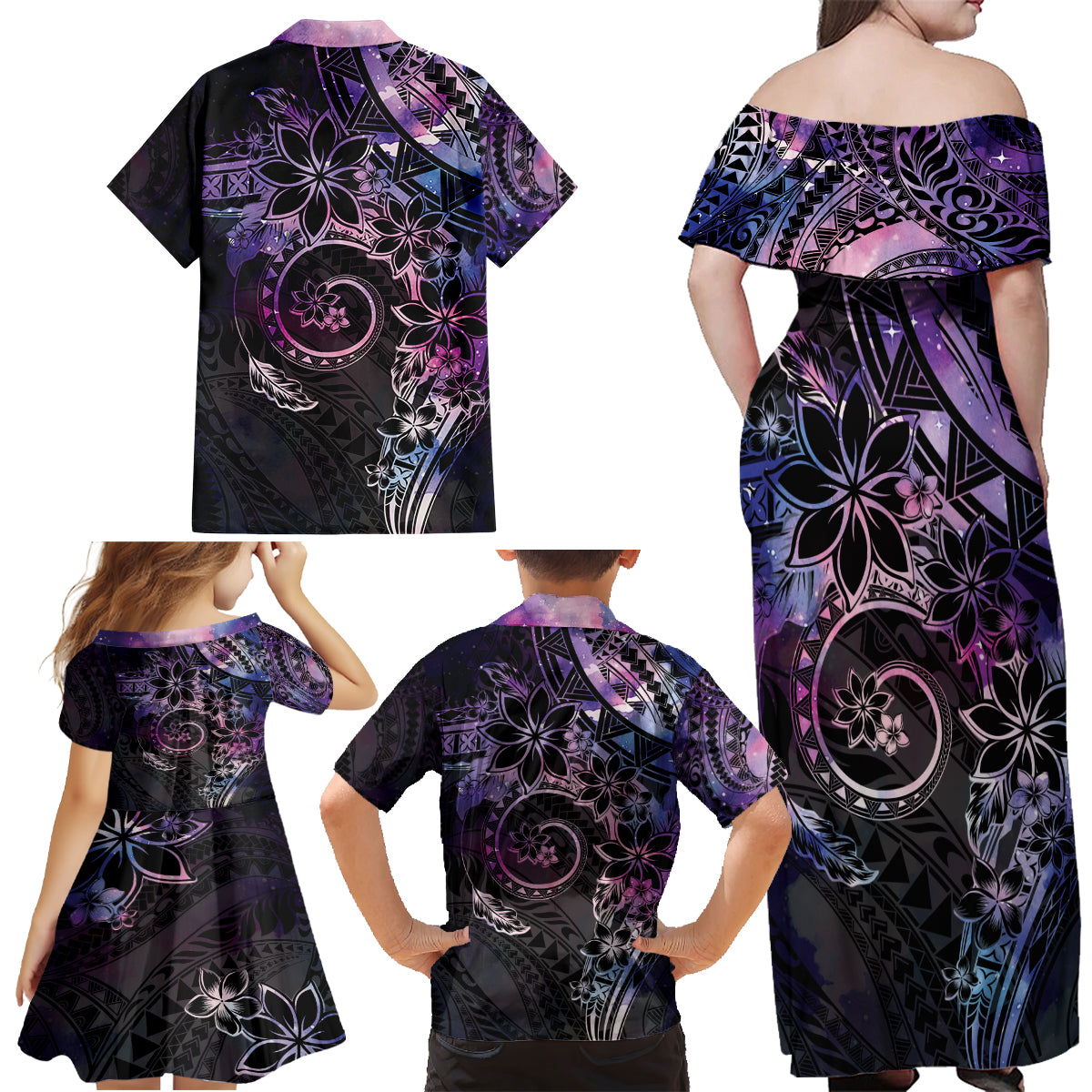 Polynesian Sunset Plumeria Family Matching Off Shoulder Maxi Dress and Hawaiian Shirt Galaxy Polynesian Tattoo