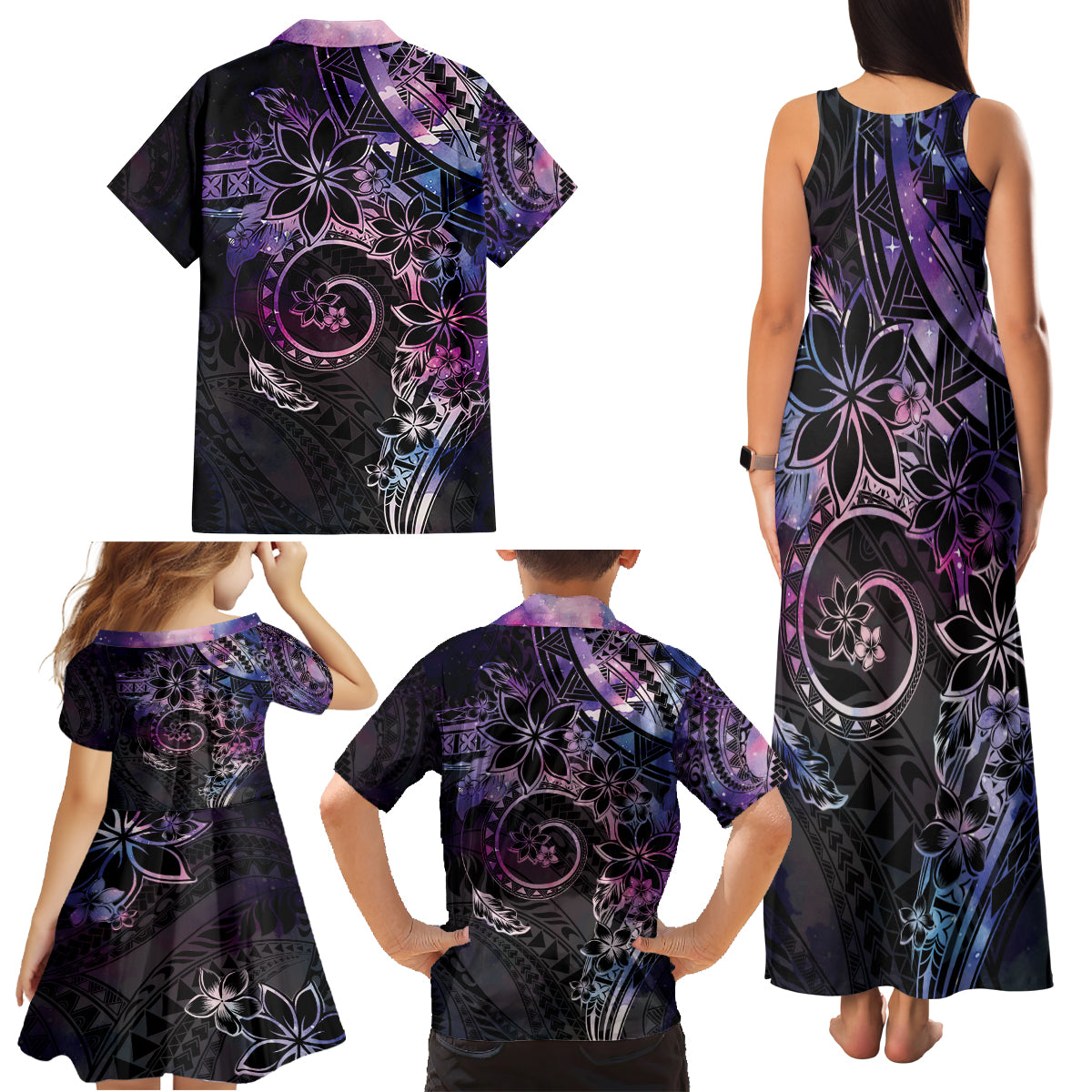 Polynesian Sunset Plumeria Family Matching Tank Maxi Dress and Hawaiian Shirt Galaxy Polynesian Tattoo