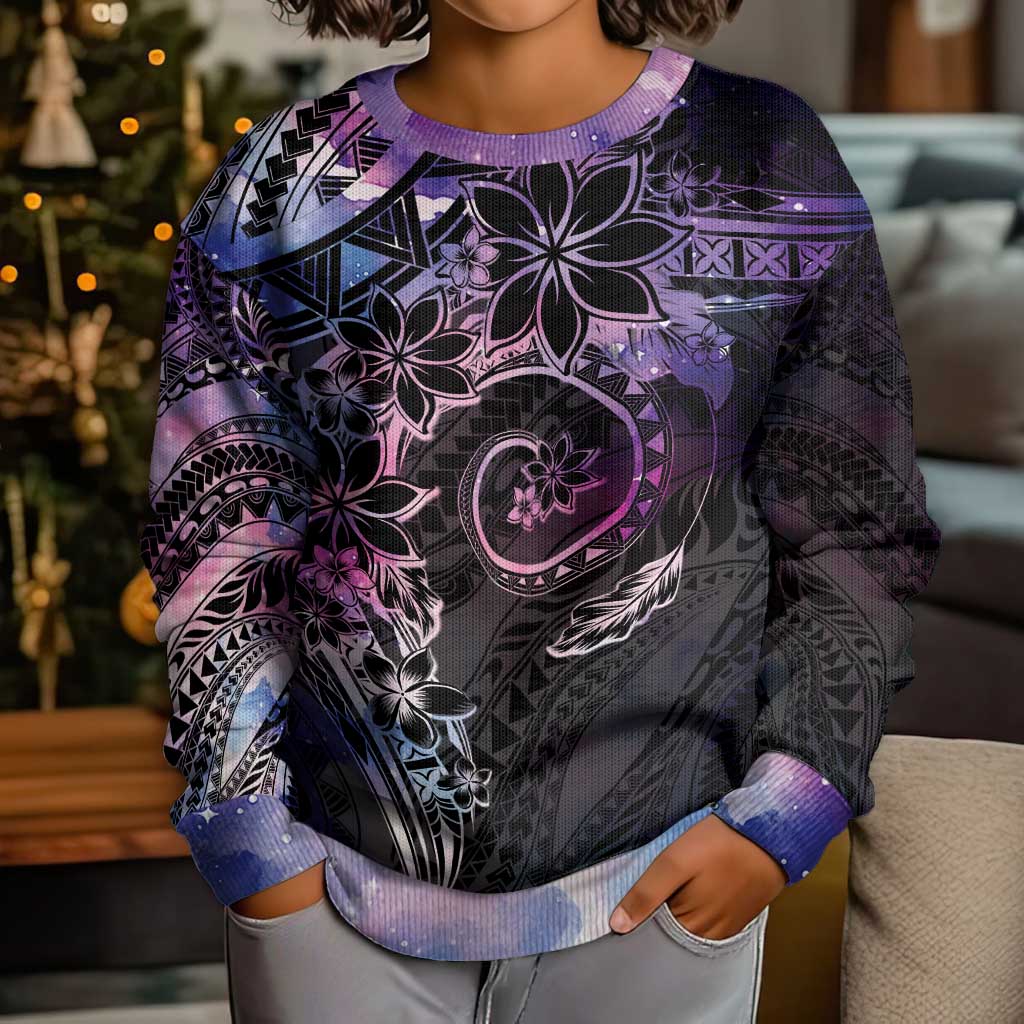 Polynesian Sunset Plumeria Kid Ugly Christmas Sweater Galaxy Polynesian Tattoo