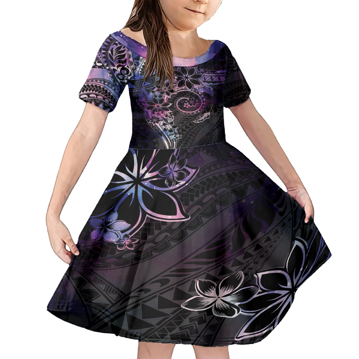 Polynesian Sunset Plumeria Kid Short Sleeve Dress Galaxy Polynesian Tattoo