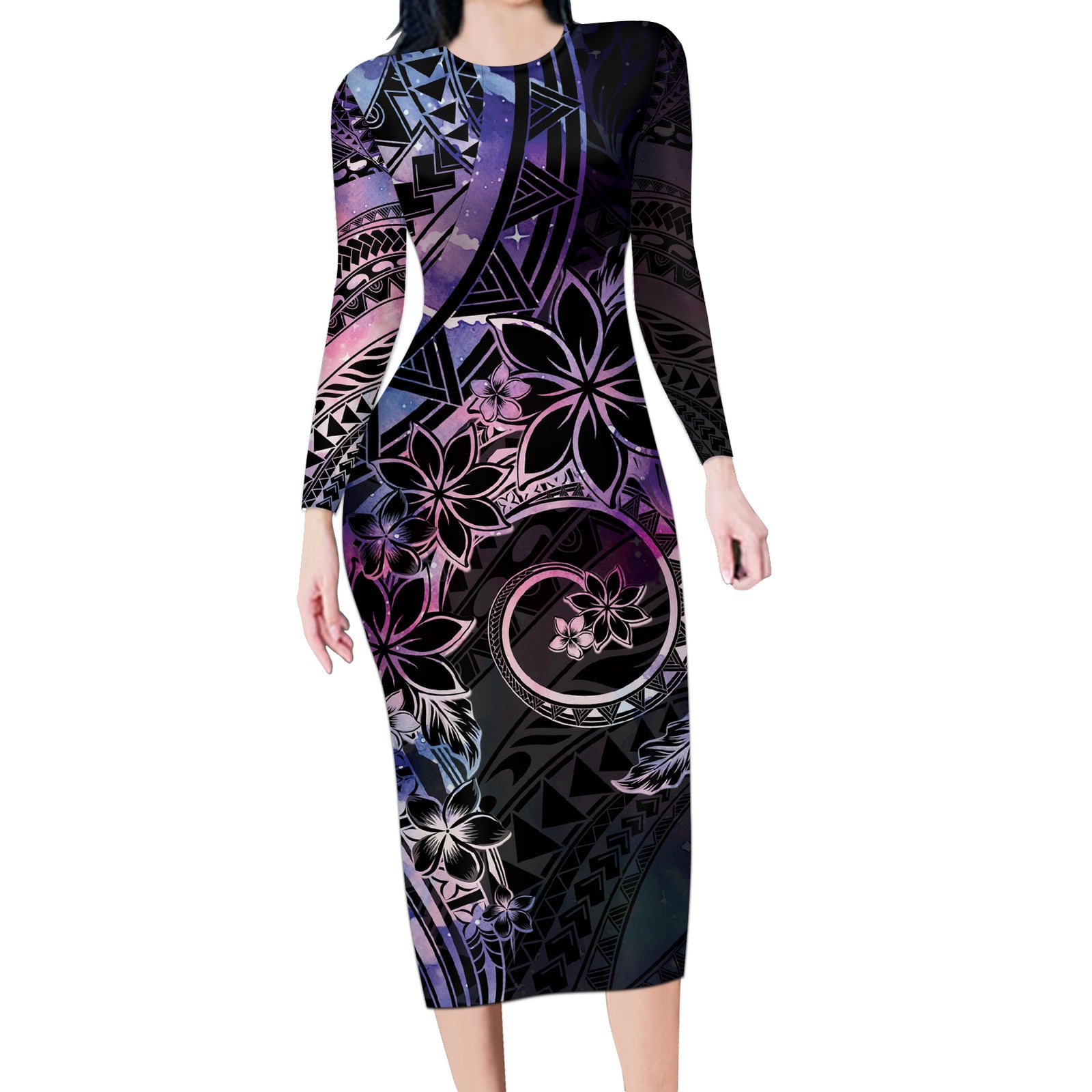 Polynesian Sunset Plumeria Long Sleeve Bodycon Dress Galaxy Polynesian Tattoo LT05 Long Dress Galaxy - Polynesian Pride