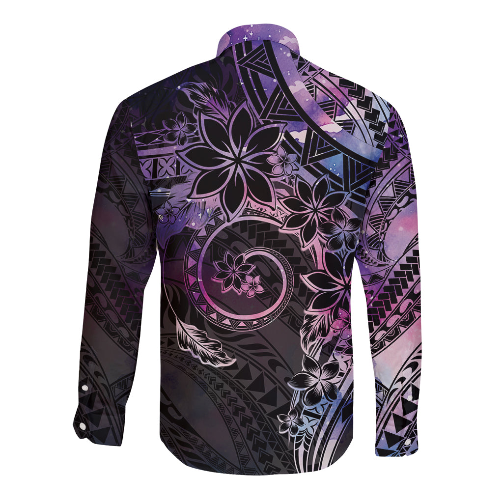 Polynesian Sunset Plumeria Long Sleeve Button Shirt Galaxy Polynesian Tattoo