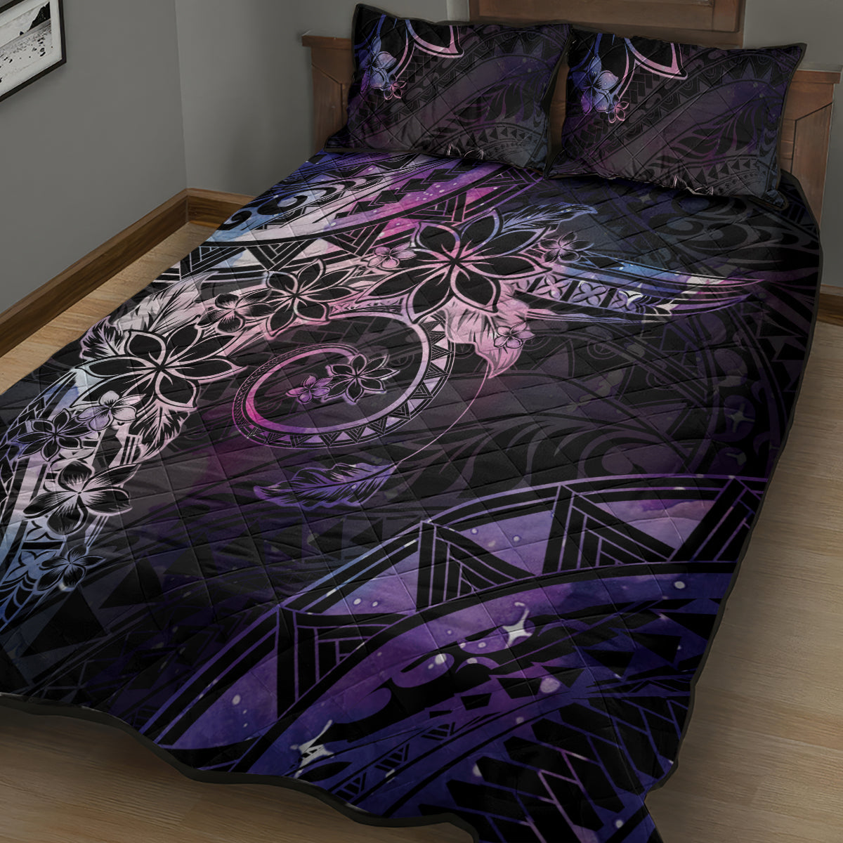 Polynesian Sunset Plumeria Quilt Bed Set Galaxy Polynesian Tattoo