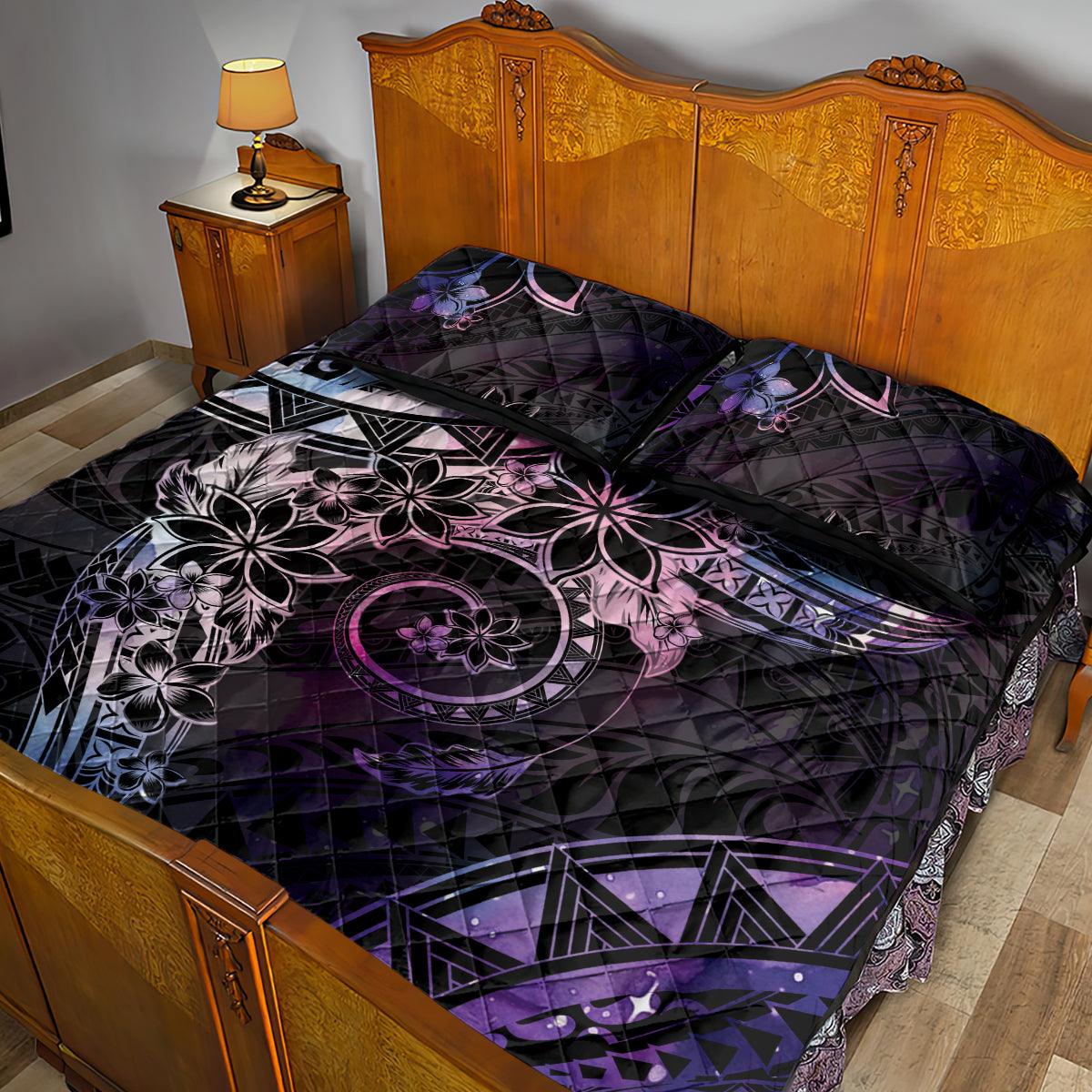 Polynesian Sunset Plumeria Quilt Bed Set Galaxy Polynesian Tattoo