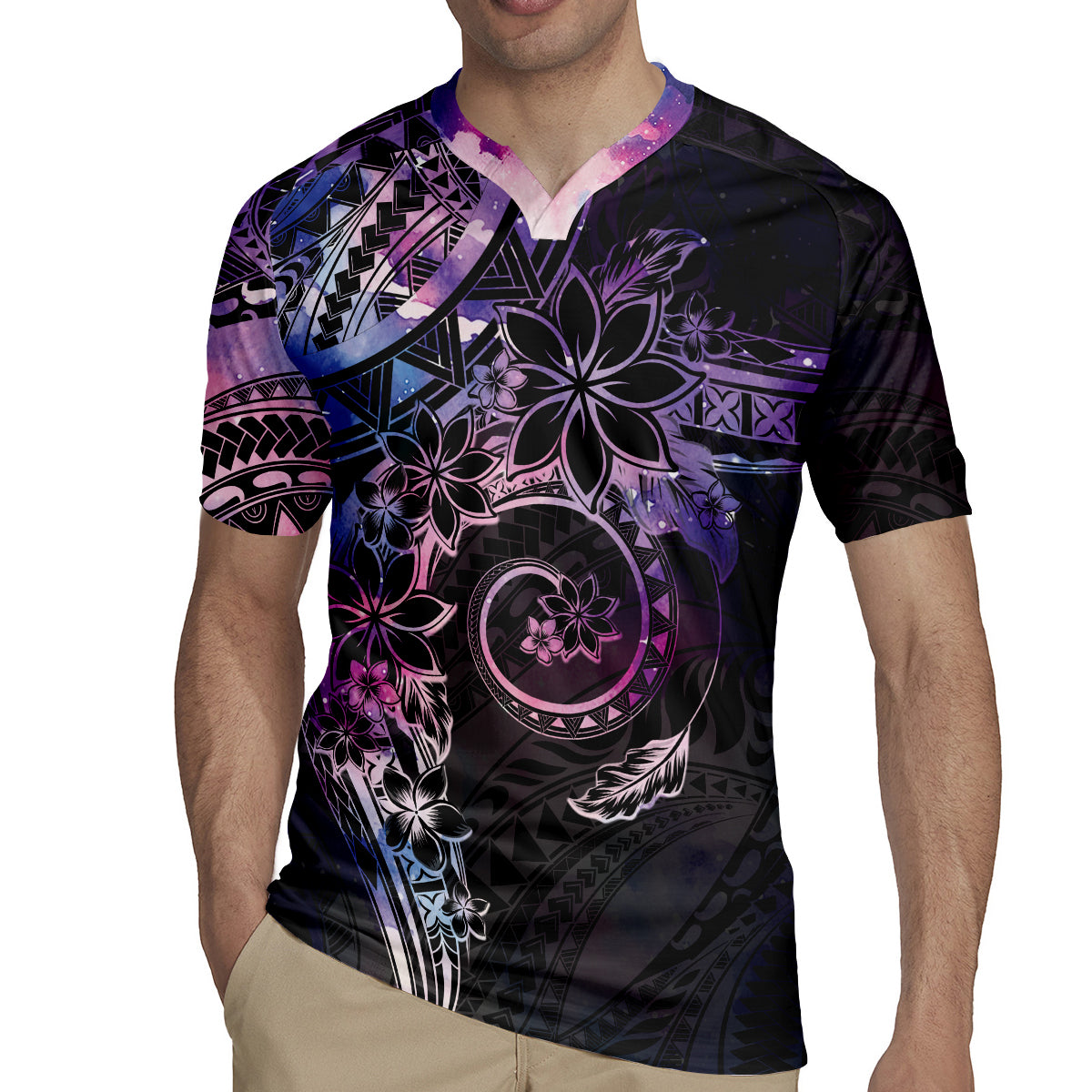 Polynesian Sunset Plumeria Rugby Jersey Galaxy Polynesian Tattoo