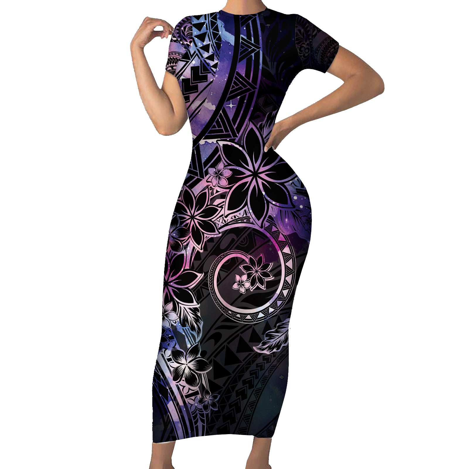 Polynesian Sunset Plumeria Short Sleeve Bodycon Dress Galaxy Polynesian Tattoo