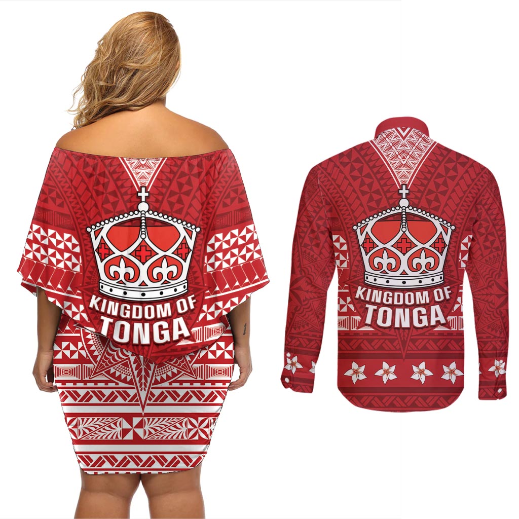 Tonga King Tupou VI Day Couples Matching Off Shoulder Short Dress and Long Sleeve Button Shirt Traditional Tongan Kupesi Pattern