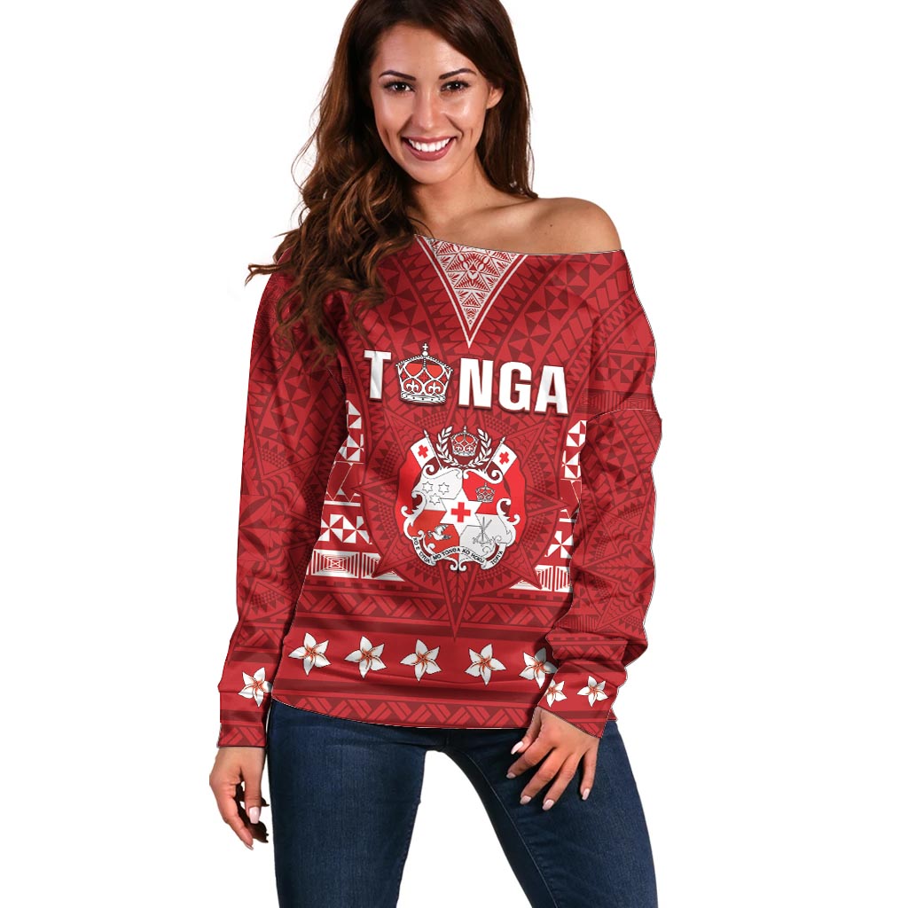 Tonga King Tupou VI Day Off Shoulder Sweater Traditional Tongan Kupesi Pattern LT05 Women Red - Polynesian Pride