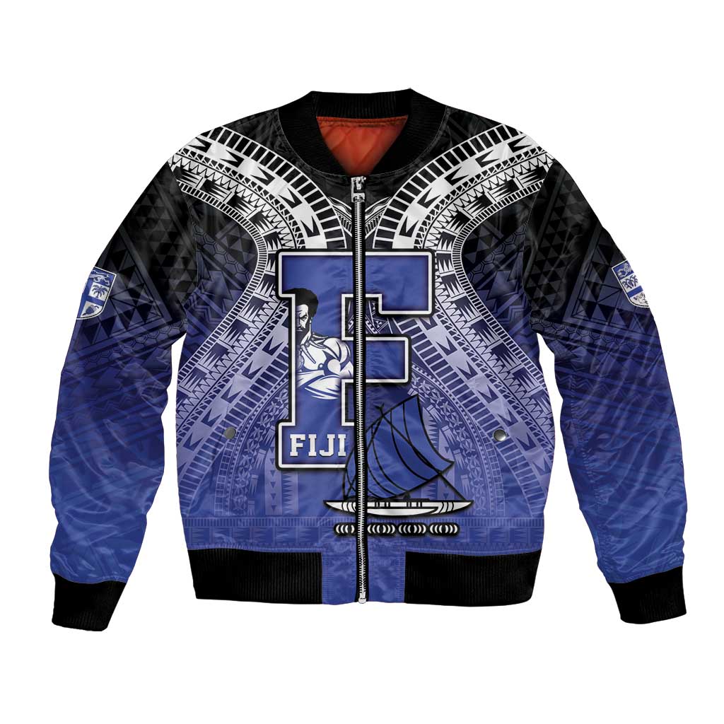 Custom Fiji Drua Bomber Jacket Fijian Tapa Pattern LT05 Unisex Blue - Polynesian Pride