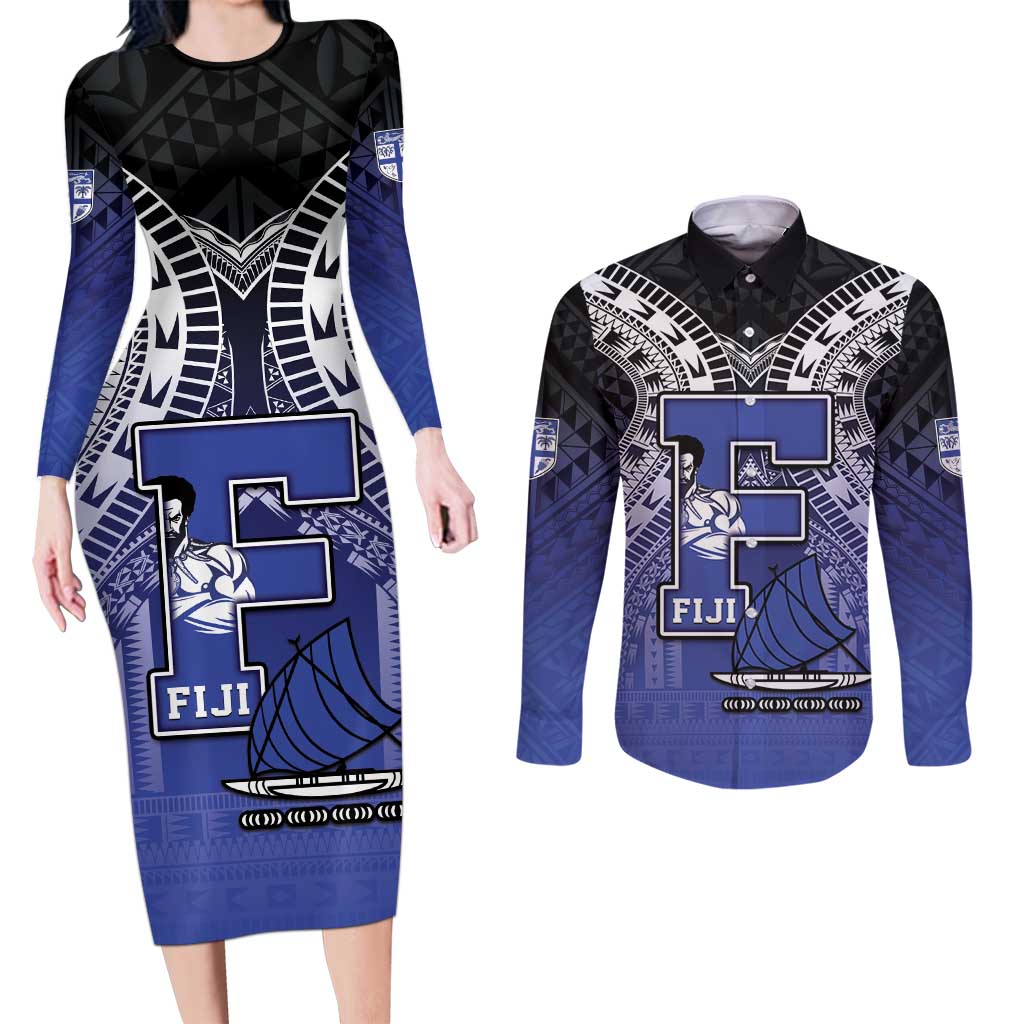 Custom Fiji Drua Couples Matching Long Sleeve Bodycon Dress and Long Sleeve Button Shirt Fijian Tapa Pattern