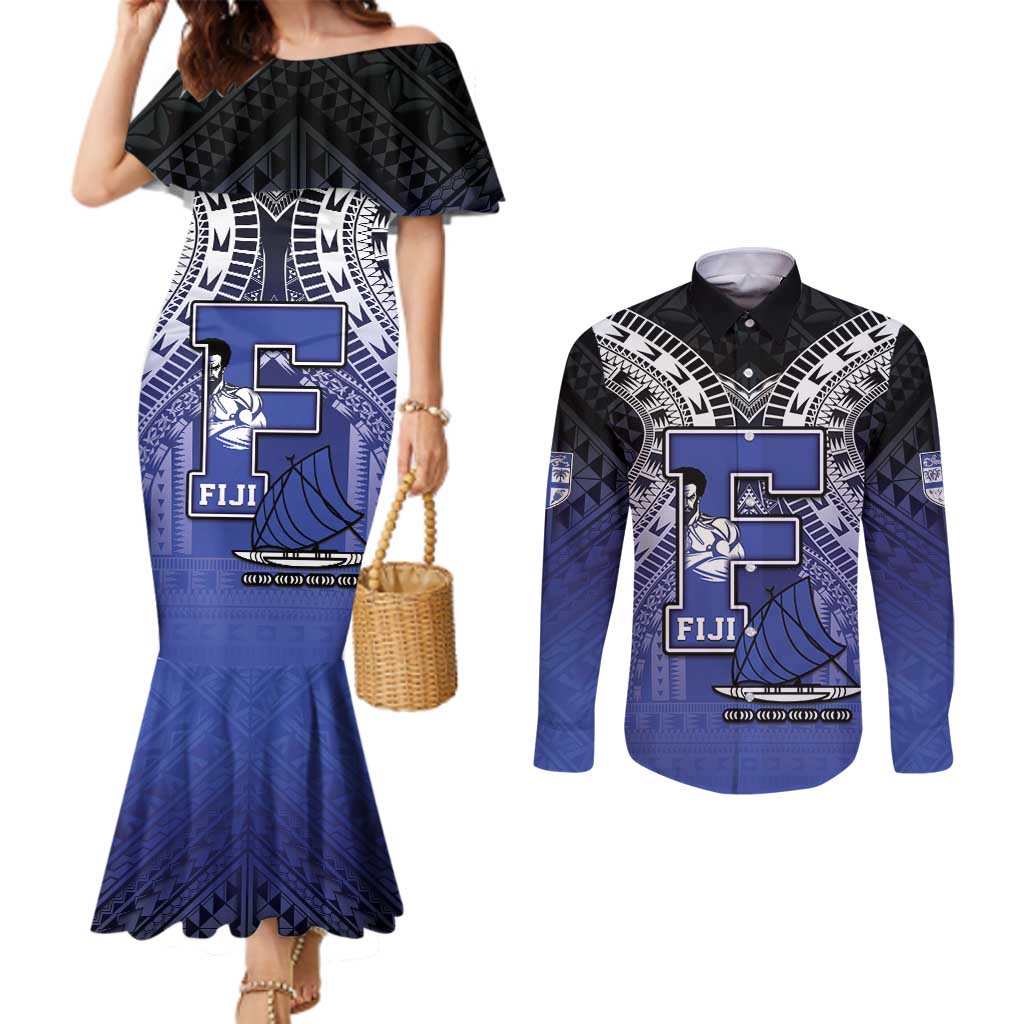 Custom Fiji Drua Couples Matching Mermaid Dress and Long Sleeve Button Shirt Fijian Tapa Pattern