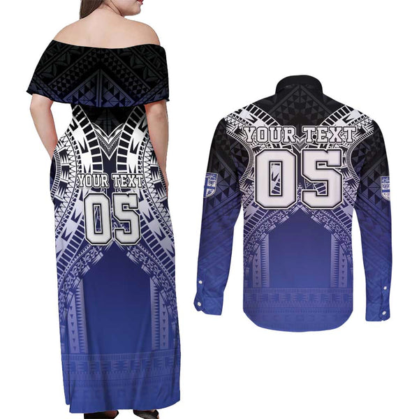 Fiji Tapa Rugby Couples Matching Summer Maxi Dress and Long Sleeve Button Shirts Flying Fijian 2023 World Cup With Dabbing Ball LT14 main image 1