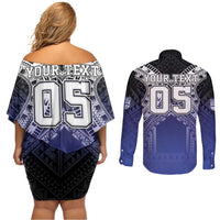 Custom Fiji Drua Couples Matching Off Shoulder Short Dress and Long Sleeve Button Shirt Fijian Tapa Pattern