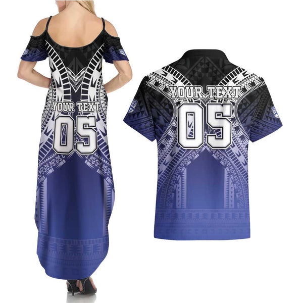 Custom Fiji Rugby Couples Matching Summer Maxi Dress and Hawaiian Shirt World Cup 2023 Go Champions Fijian Tapa Black Version LT14