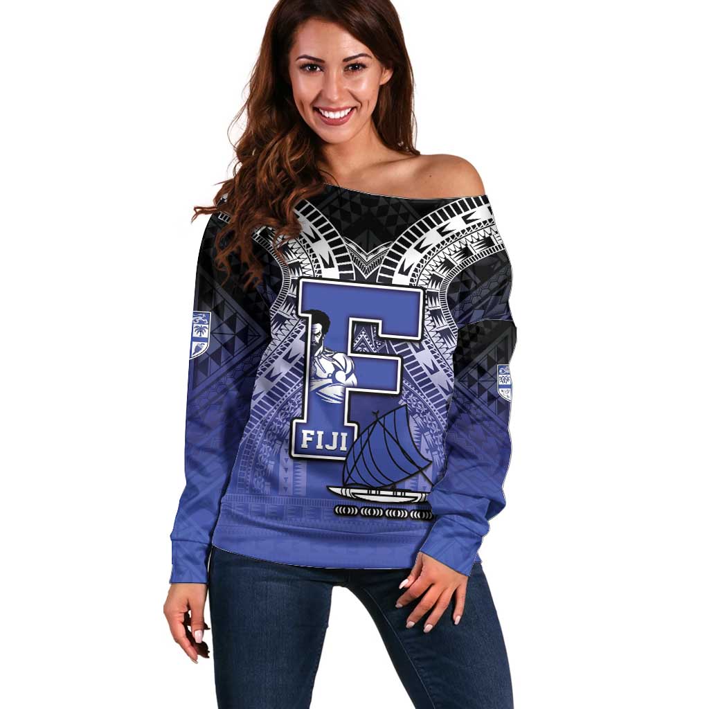 Custom Fiji Drua Off Shoulder Sweater Fijian Tapa Pattern
