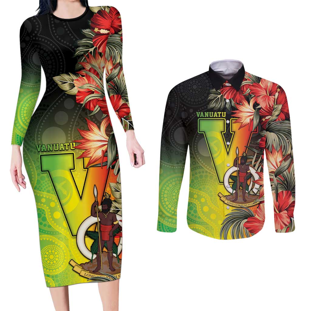 Aboriginal Dot Art Vanuatu Personalised Couples Matching Long Sleeve Bodycon Dress and Long Sleeve Button Shirt Tropical Flowers