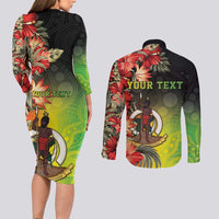 Aboriginal Dot Art Vanuatu Personalised Couples Matching Long Sleeve Bodycon Dress and Long Sleeve Button Shirt Tropical Flowers