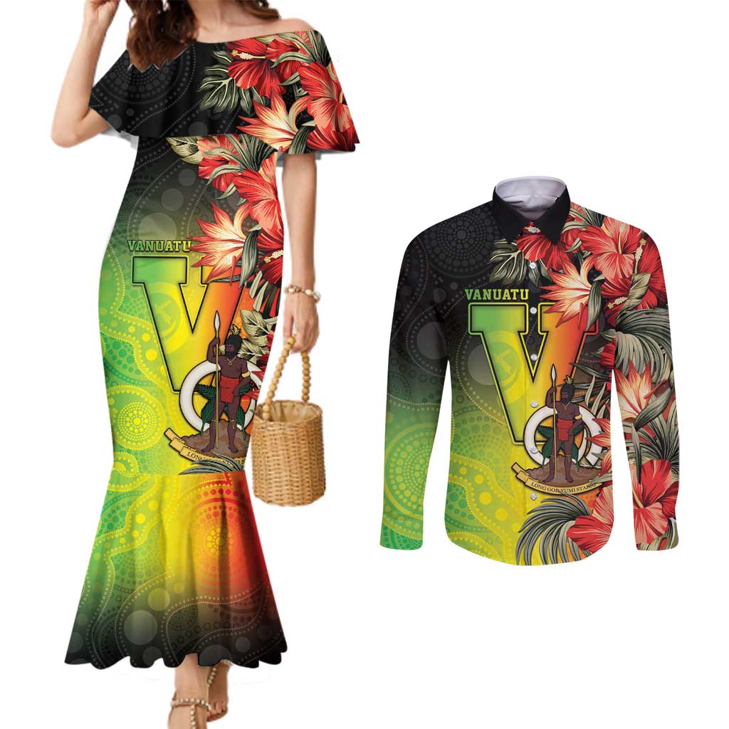 Aboriginal Dot Art Vanuatu Personalised Couples Matching Mermaid Dress and Long Sleeve Button Shirt Tropical Flowers