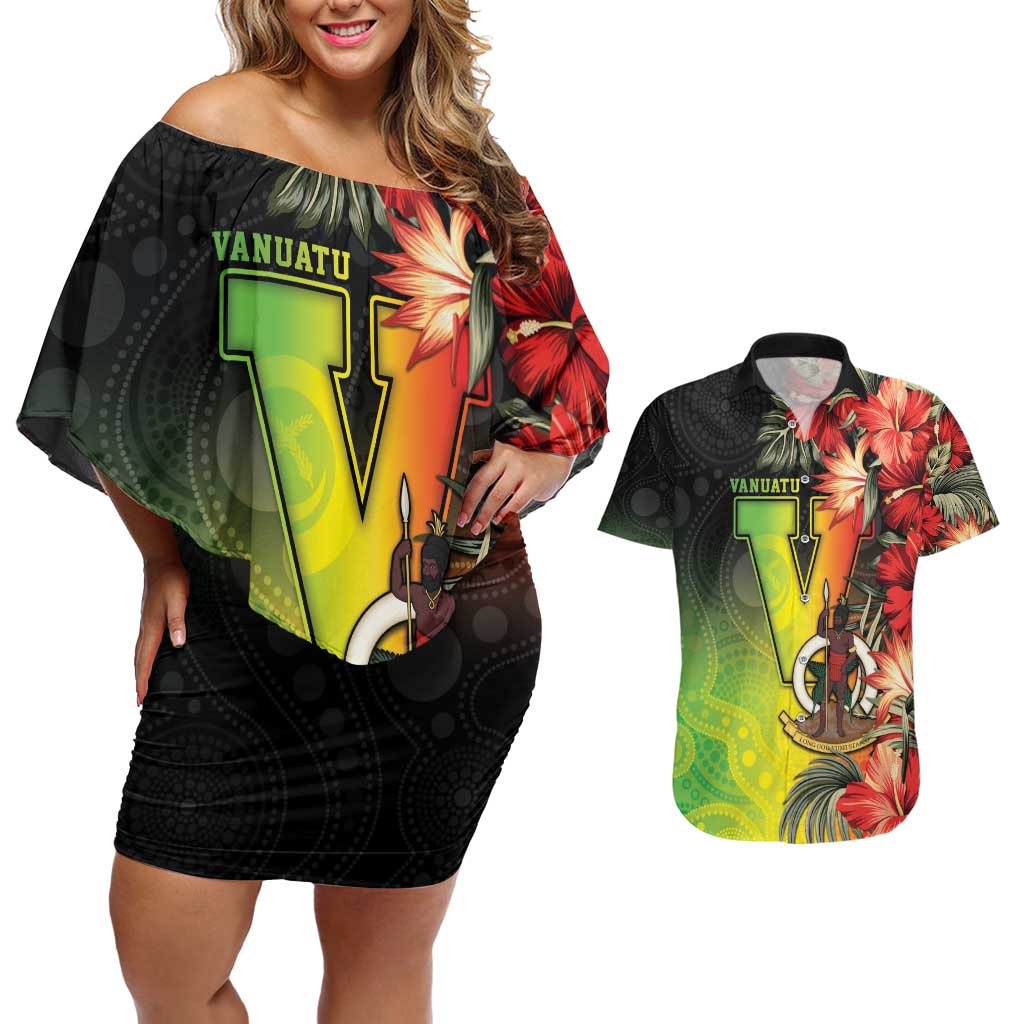 Aboriginal Dot Art Vanuatu Personalised Couples Matching Off Shoulder Short Dress and Hawaiian Shirt Tropical Flowers