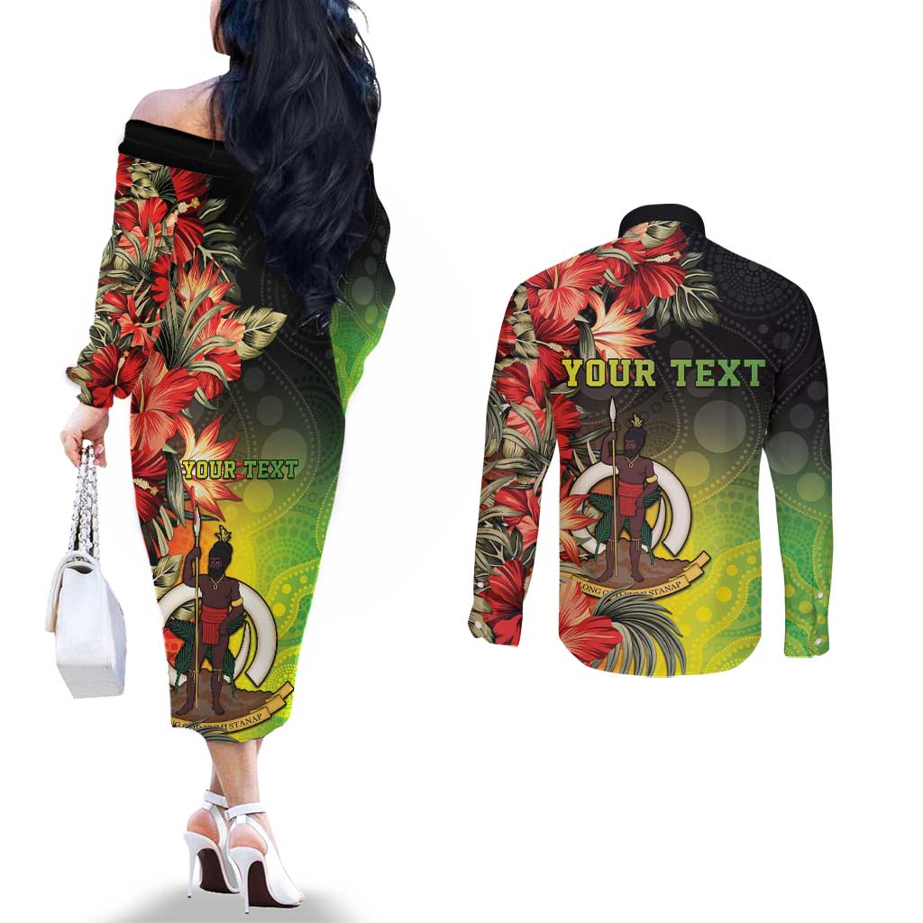Aboriginal Dot Art Vanuatu Personalised Couples Matching Off The Shoulder Long Sleeve Dress and Long Sleeve Button Shirt Tropical Flowers