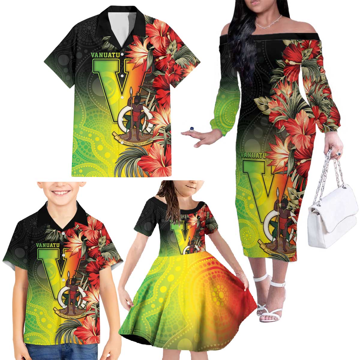Aboriginal Dot Art Vanuatu Personalised Family Matching Off The Shoulder Long Sleeve Dress and Hawaiian Shirt Tropical Flowers
