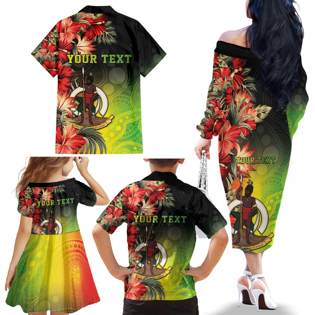 Aboriginal Dot Art Vanuatu Personalised Family Matching Off The Shoulder Long Sleeve Dress and Hawaiian Shirt Tropical Flowers