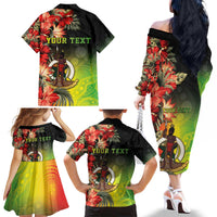 Aboriginal Dot Art Vanuatu Personalised Family Matching Off The Shoulder Long Sleeve Dress and Hawaiian Shirt Tropical Flowers