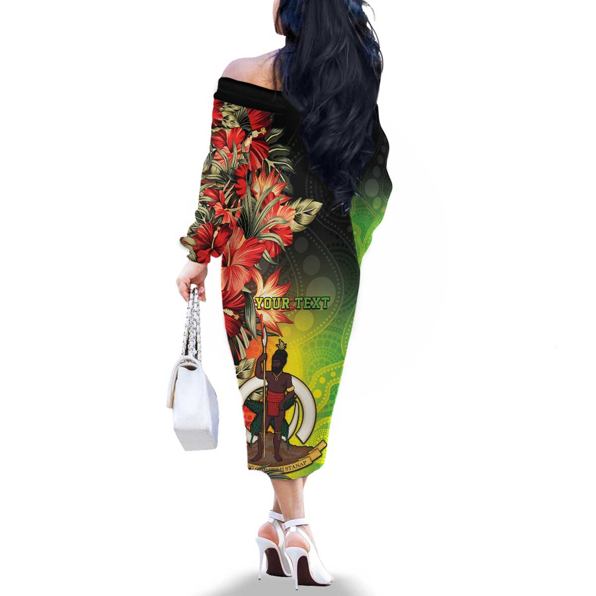 Aboriginal Dot Art Vanuatu Personalised Family Matching Off The Shoulder Long Sleeve Dress and Hawaiian Shirt Tropical Flowers