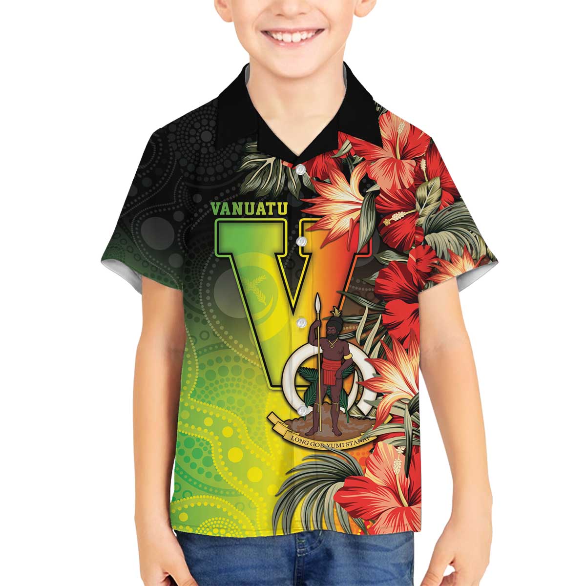 Aboriginal Dot Art Vanuatu Personalised Family Matching Off The Shoulder Long Sleeve Dress and Hawaiian Shirt Tropical Flowers