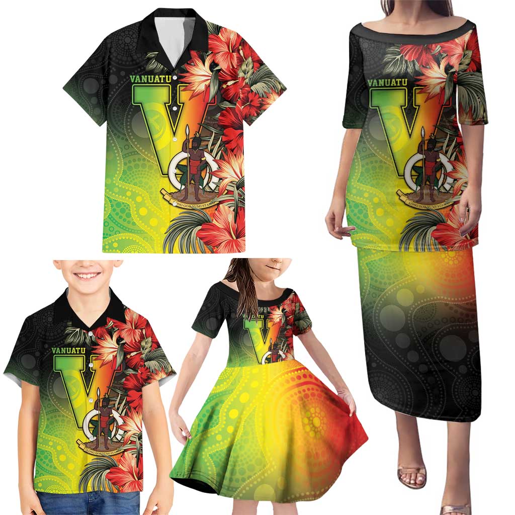 Aboriginal Dot Art Vanuatu Personalised Family Matching Puletasi and Hawaiian Shirt Tropical Flowers