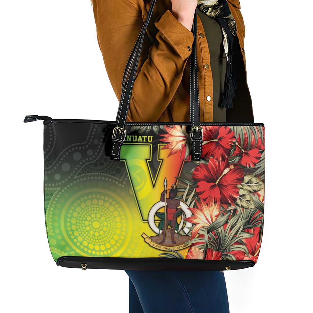 Aboriginal Dot Art Vanuatu Leather Tote Bag Tropical Flowers