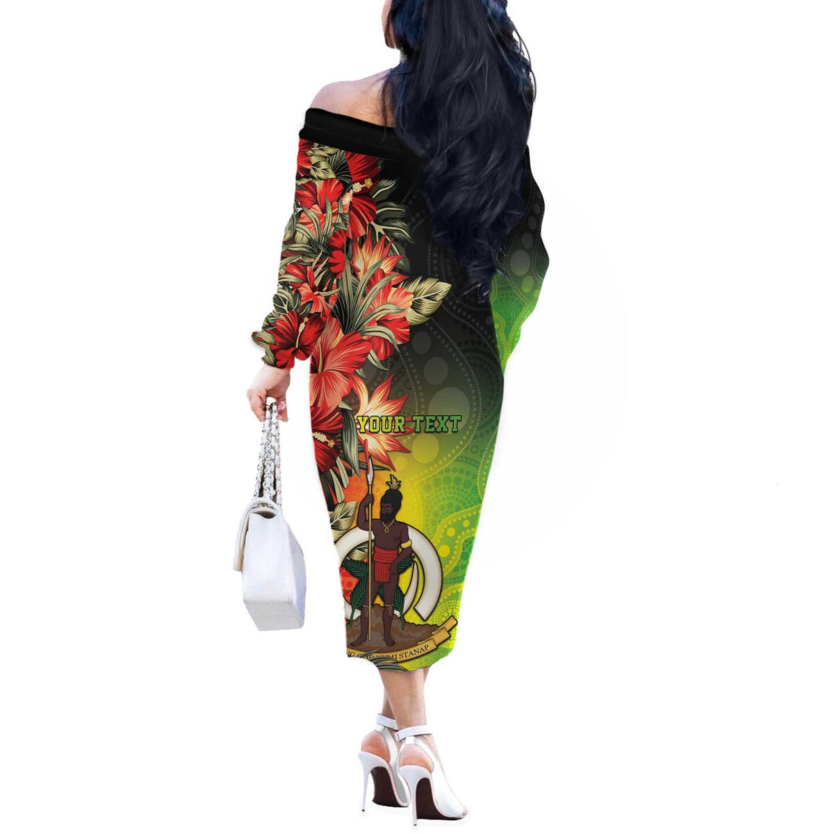 Aboriginal Dot Art Vanuatu Personalised Off The Shoulder Long Sleeve Dress Tropical Flowers