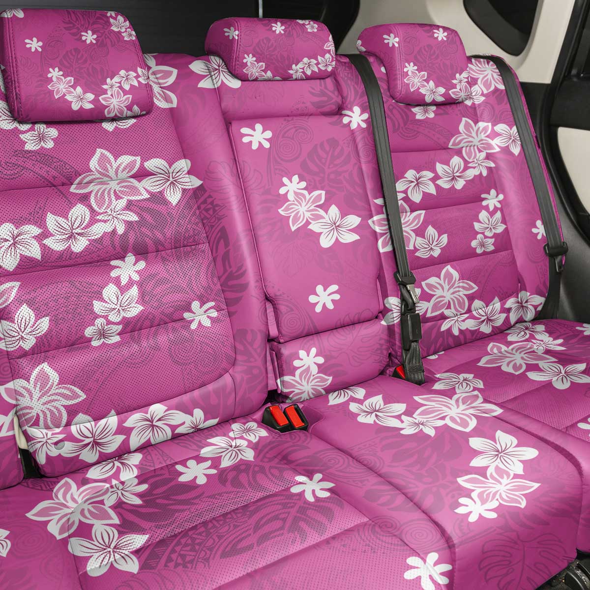 Hawaii Monstera Deliciosa Back Car Seat Cover Pink Plumeria Polynesian Pattern - Polynesian Pride
