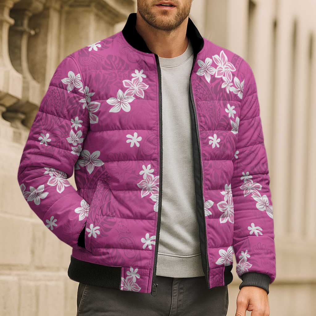 Hawaii Monstera Deliciosa Bomber Puffer Jacket Pink Plumeria Polynesian Pattern - Polynesian Pride