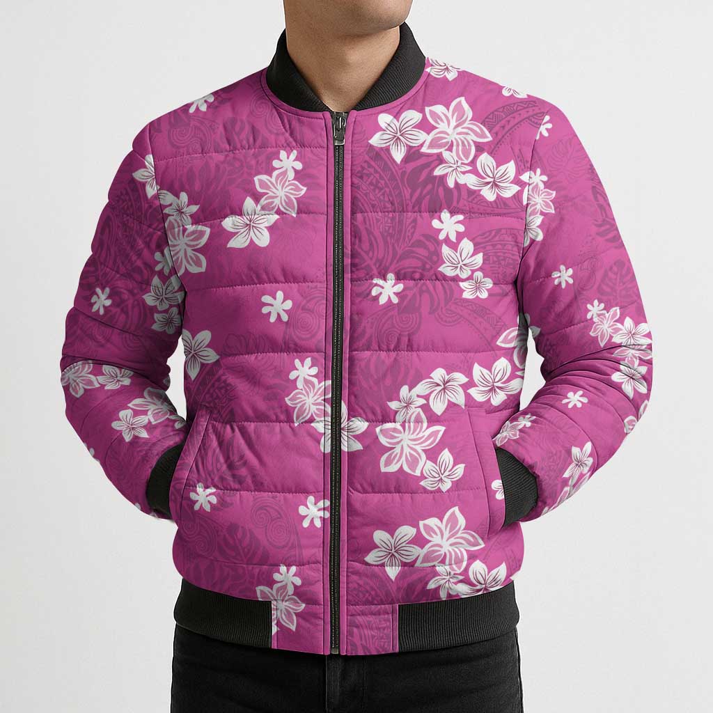 Hawaii Monstera Deliciosa Bomber Puffer Jacket Pink Plumeria Polynesian Pattern - Polynesian Pride