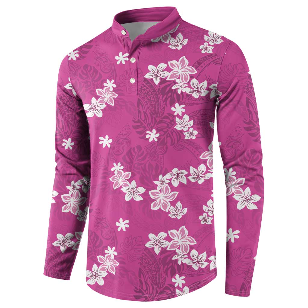 Hawaii Monstera Deliciosa Button Sweatshirt Pink Plumeria Polynesian Pattern - Polynesian Pride