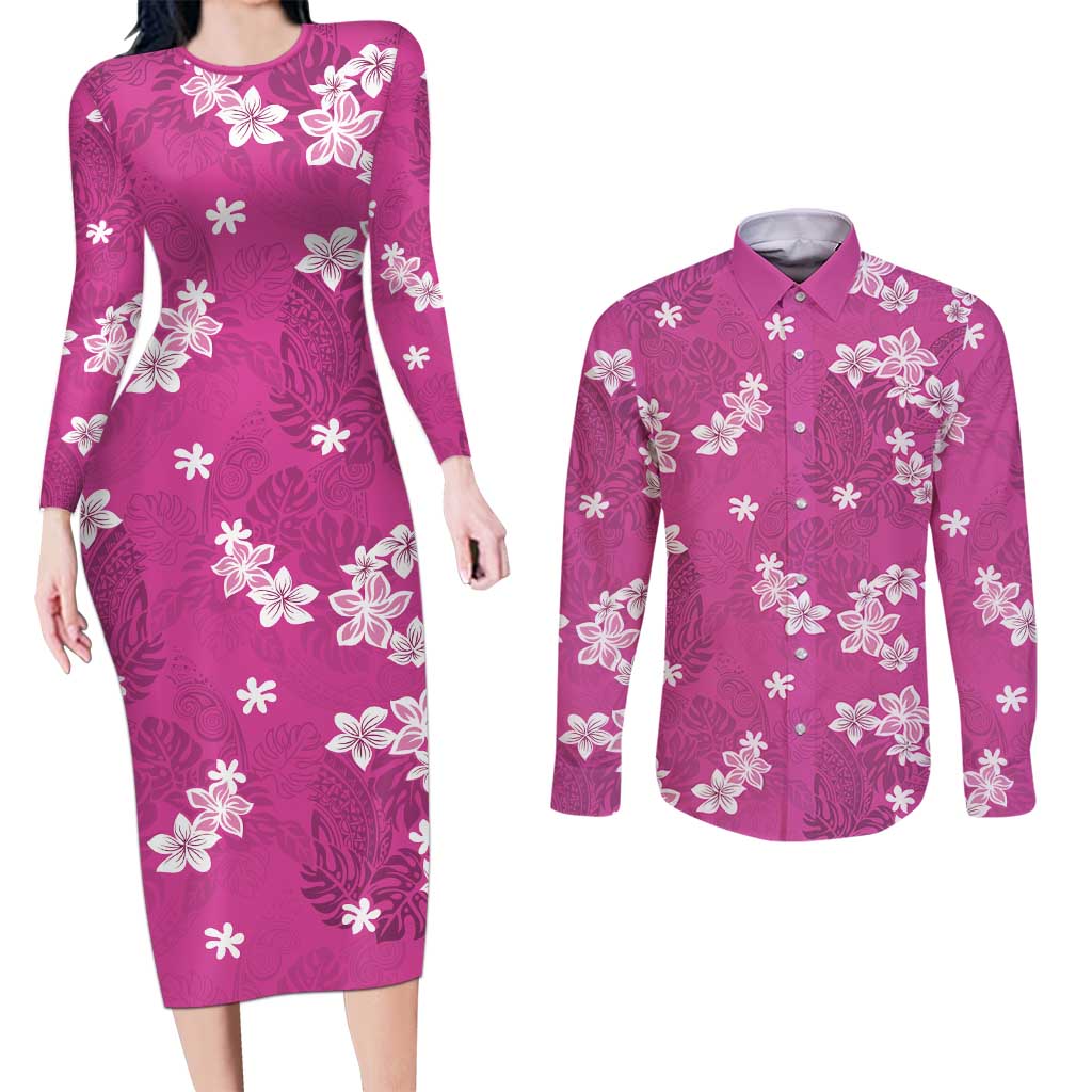 Hawaii Monstera Deliciosa Couples Matching Long Sleeve Bodycon Dress and Long Sleeve Button Shirt Pink Plumeria Polynesian Pattern - Polynesian Pride