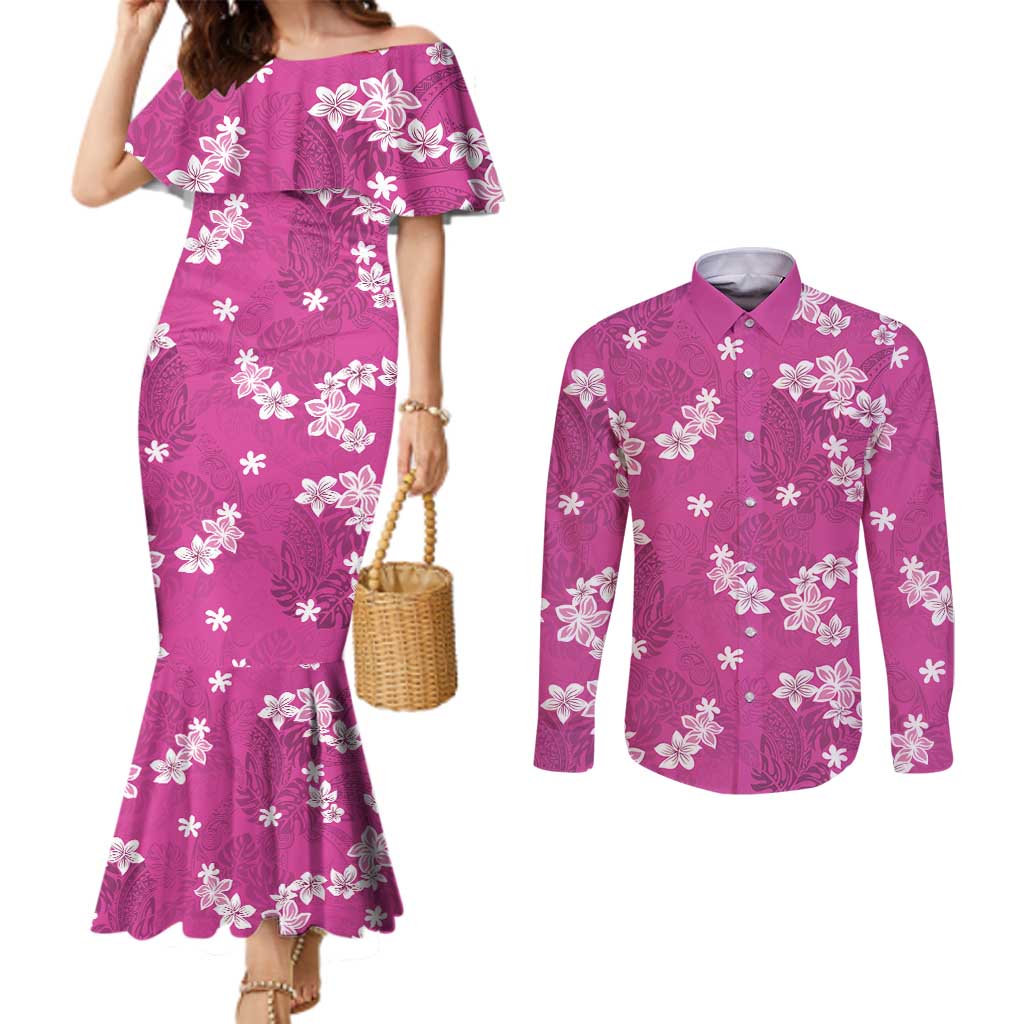 Hawaii Monstera Deliciosa Couples Matching Mermaid Dress and Long Sleeve Button Shirt Pink Plumeria Polynesian Pattern - Polynesian Pride